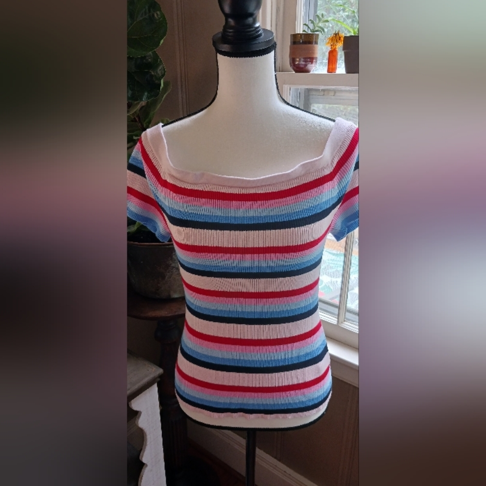 Vintage Y2K Tommy Hilfiger Denim Multicolor Striped Cap Sleeve Sweater Size L